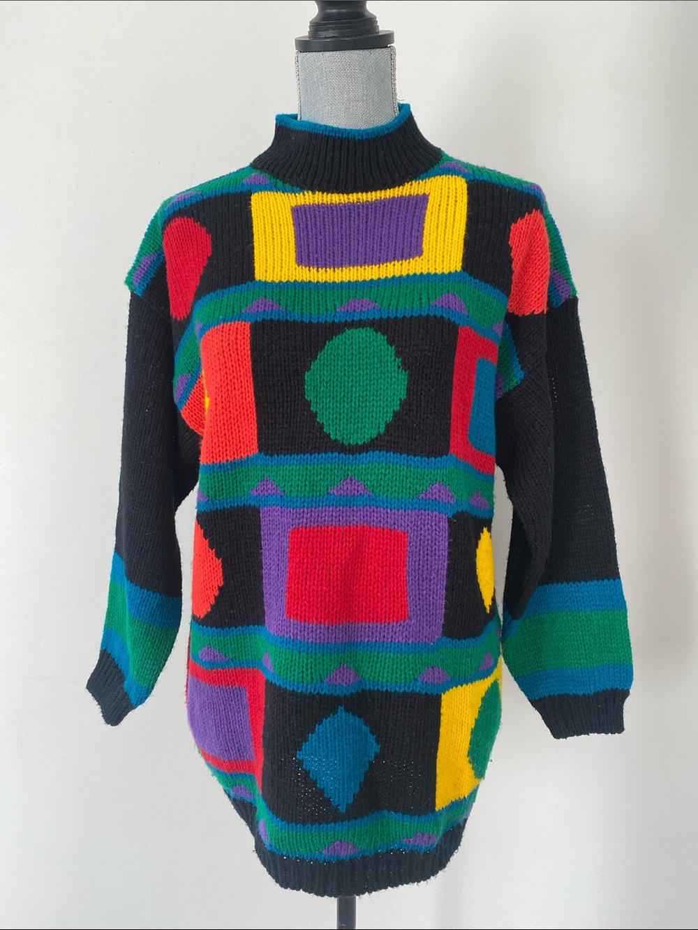 VTG ‘90 Black Multicolor Geometric Knit Sweater Vibrant Oversized